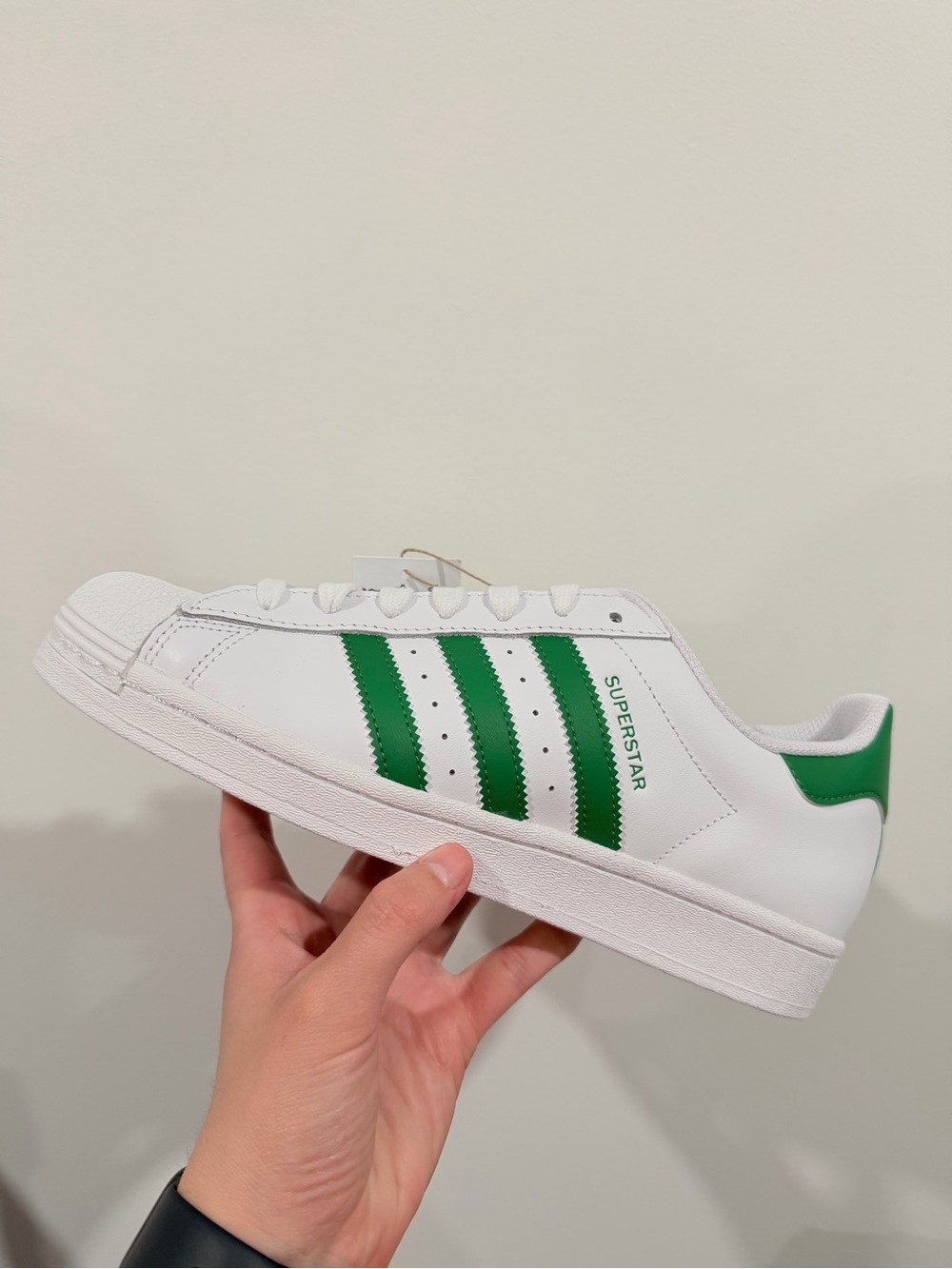 Adidas Men’s Superstar Sneaker - White with Green Stripes Size 8